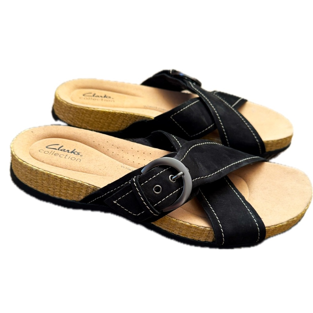 Clarks Collection Leather Slide Sandals- Reileigh May Black Nubuck Size 11M